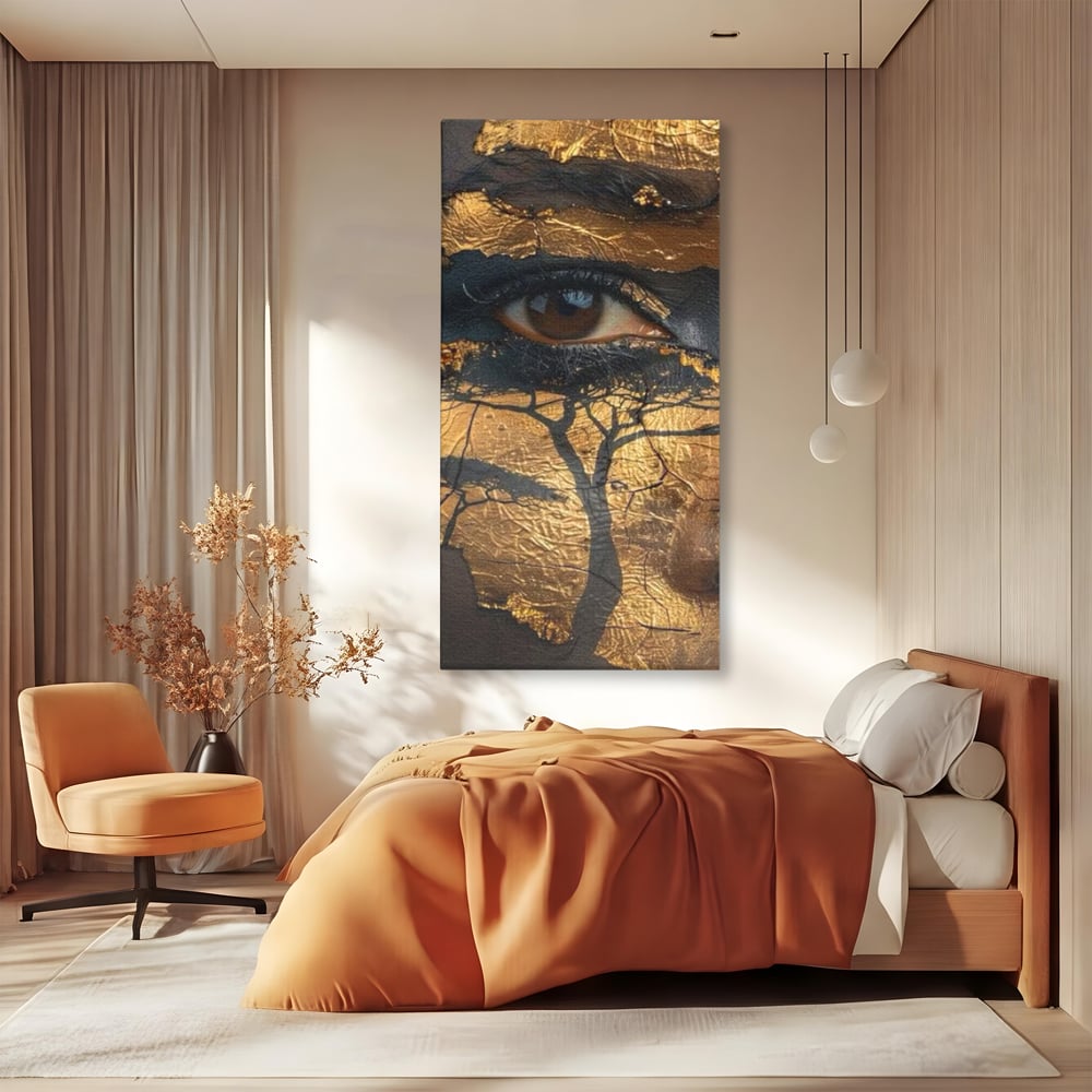 Tablou canvas cu tablou canvas cu ochi uman si arbore, fara rama, pe sasiu de lemn, pe perete intr-un dormitor